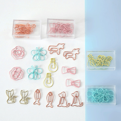 Creative boxed animal shaped paper clips, cartoon metal paper clips, colorful special-shaped golden paper clips wholesale