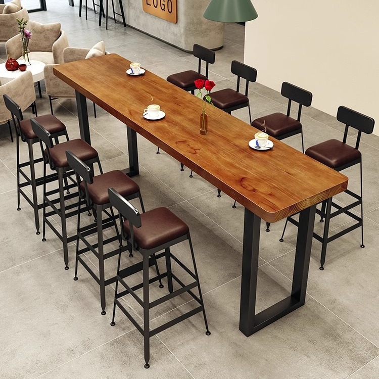 Wrought Iron Solid Wood High Table and Chair Bar Table Casual Milk Tea Shop Bar Stool Wall Bar Table Home Long Window Table