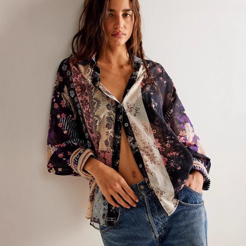 外贸跨境货源欧美2024春季新款女装多色宽松休闲长袖拼布印花衬衫