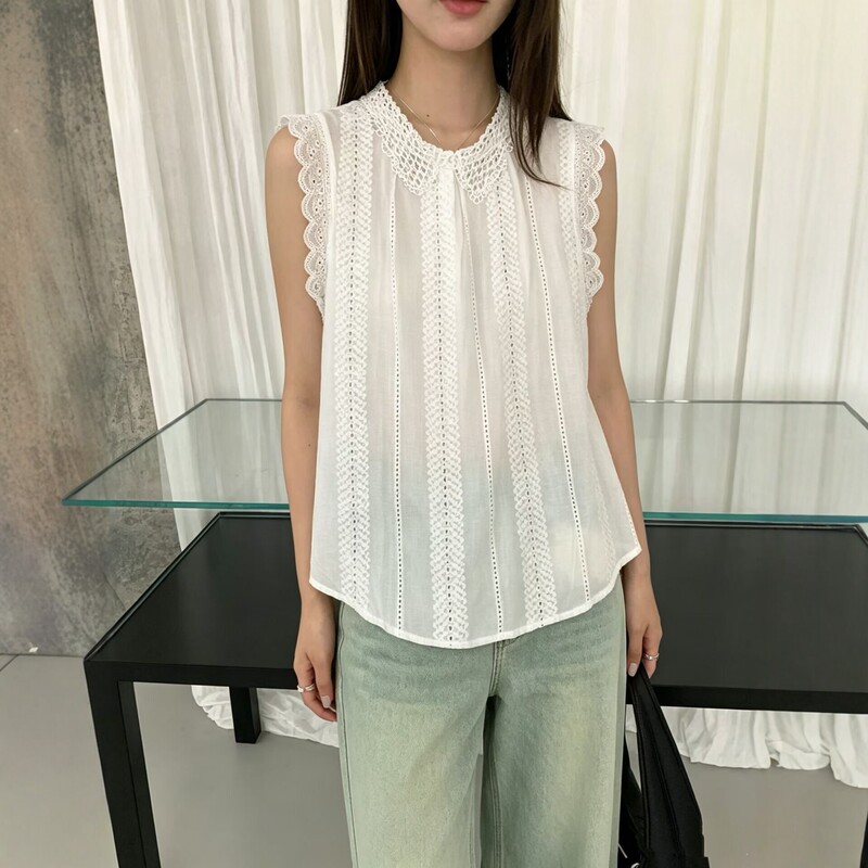 Designed Lace Sleeveless Shirt for Women, Loose Hollow-Out Vest, Layered Sun Protection Top, Niche Wholesale, Cross-Border In-Stock Designed Lace Sleeveless Shirt for Women, Loose Hollow-Out Vest, Layered Sun Protection Top, Niche Wholesale, Cross-Border In-Stock