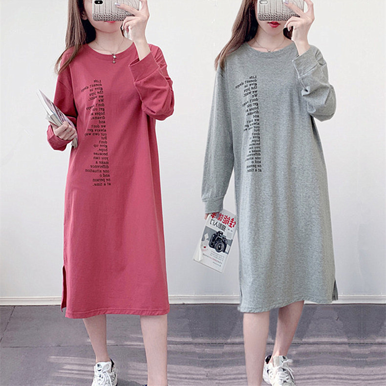 Foreign trade long sleeve T-shirt dress women's autumn Korean version of the long loose split casual knee long skirt wholesale