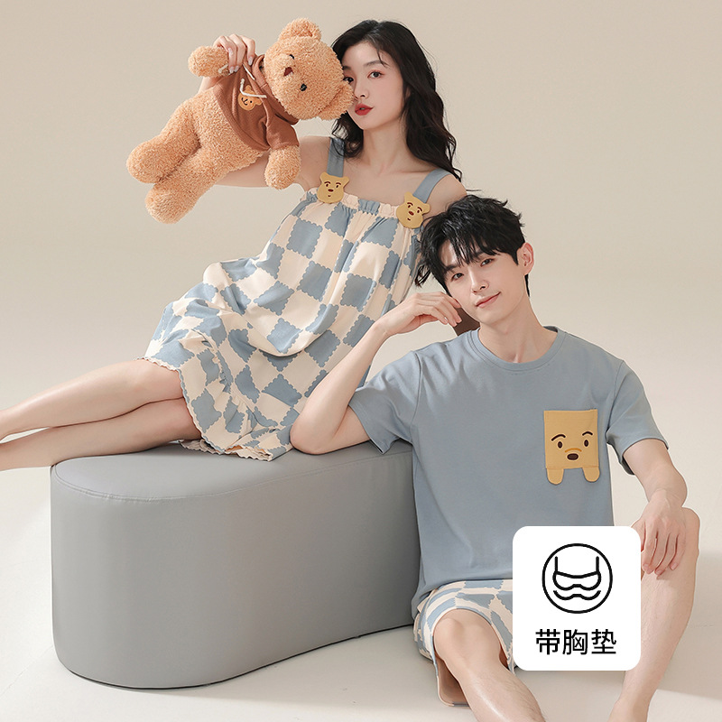 Couple Pajamas Summer Women's Thin Anti-bump Sexy Cute Nightdress with Chest Pad Cartoon Men's Short-sleeved suit