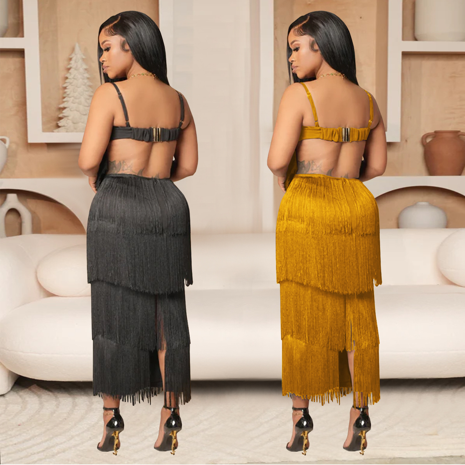 C7431 Cross-border AliExpress Amazon Vestido largo de borla con tirantes sexy para mujer de moda europea y americana