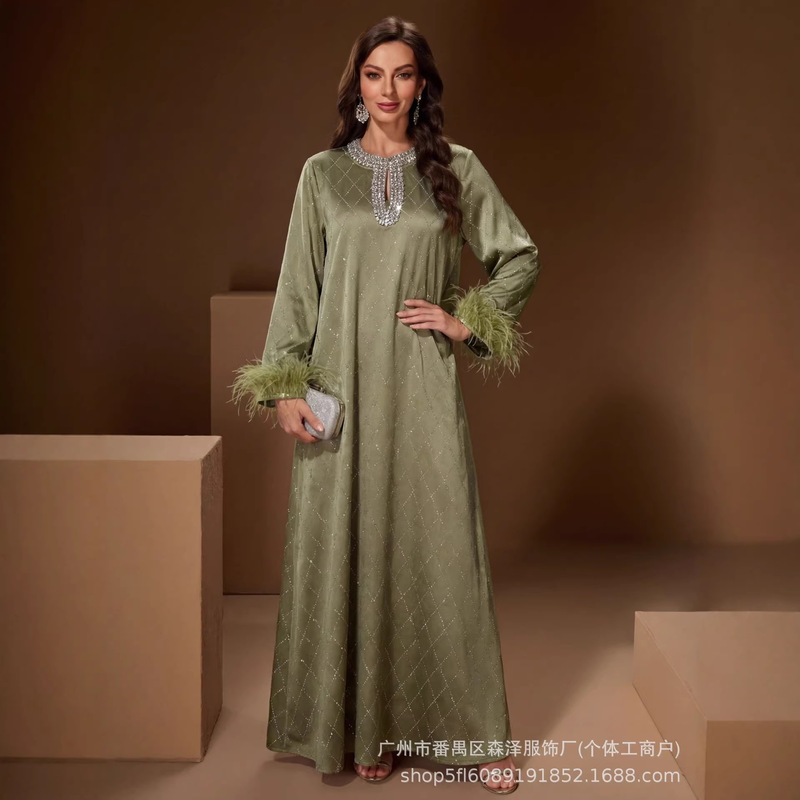 2026 New Women's Fashion Cross-Border Gentle Pink Feather Cuff Hand-Beaded Dress Loose Gown Robe 2026 New Women's Fashion Cross-Border Gentle Pink Feather Cuff Hand-Beaded Dress Loose Gown Robe