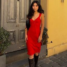 欧美女装2025秋季新款性感V领花边修身中款街头风纯色网纱连衣裙