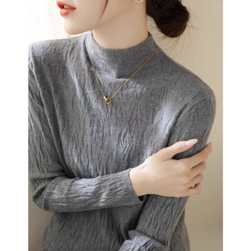 Women's Semi-High Collar Textured Knit Base Shirt with a Sense of Elegance for Autumn and Winter, Stylish and Comfortable for Inner Wear