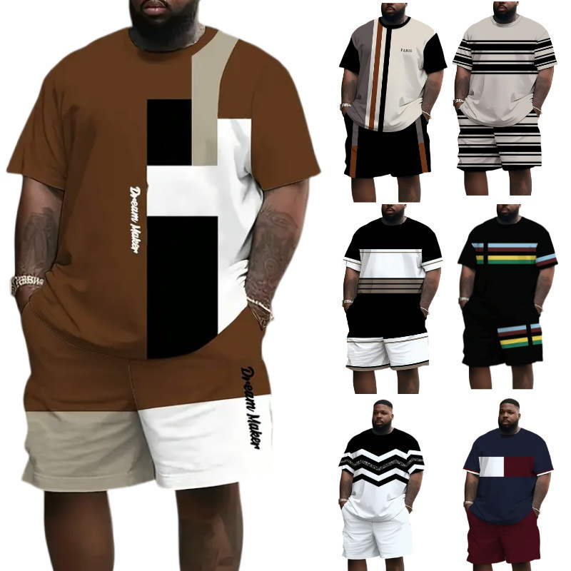 Temu跨境欧美夏季T恤短裤套装图案拼接3D数码印花休闲沙滩裤套装