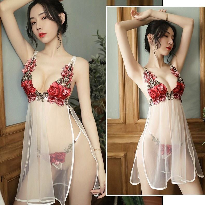 Сексуальная прозрачная пижама, комплект, юбка, с вышивкой, эффект подтяжки, большой размер