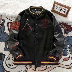 アメリカのファッションブランドの野球服黒8ジャケット高街ヒップホップ刺繍毛pu袖コート男女代理