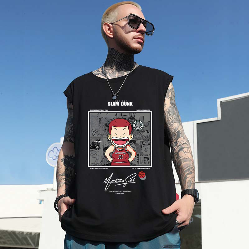 Japanese-Style Basketball Print Vest Men's American Summer Trendy Hip-Hop Oversized Sleeveless T-Shirt Tank Top Base Shirt