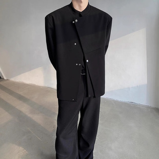High-End Design Men's Black New Chinese Style Stand-Up Collar Suit Jacket Men's High-End Chinese Style Suit with Shoulder Pads and Silhouette