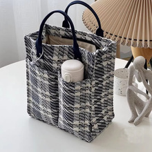 编织日系有型格纹帆布手拎包大容量学生便当餐盒包包2025新款手提