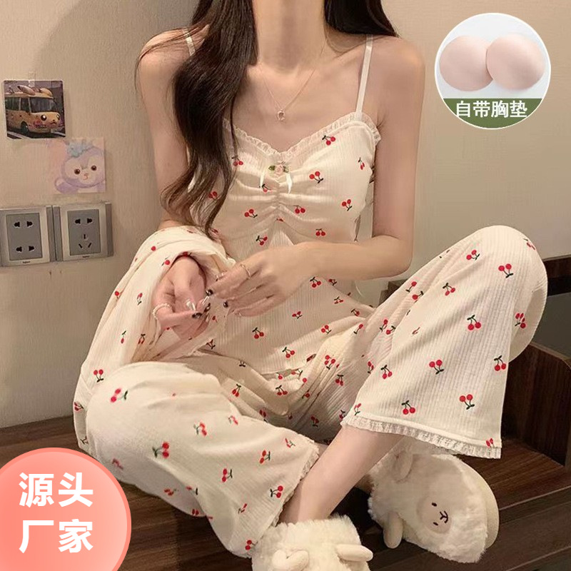 (Removable chest pad) pajamas women's summer Japanese style ins style lace bow girl can wear outside