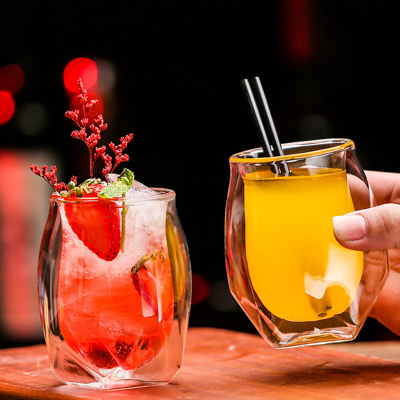 Copa de whisky de doble capa Copa de vino de estilo europeo Copa de vidrio resistente a altas temperaturas Copa de licores Copa de bebidas frías Copa de café de diamantes creativos