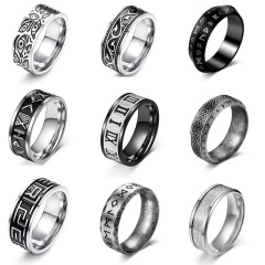 批發男士霧凇文網紅減壓轉動鈦鋼戒指跨境歐美不鏽鋼指環飾品
