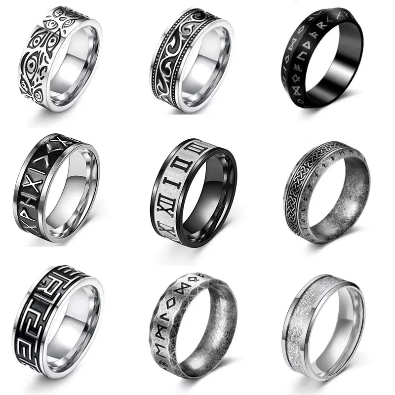 批发复古男士焗黑维京文戒指网红爆款雾凇文钛钢指环减压跨境饰品