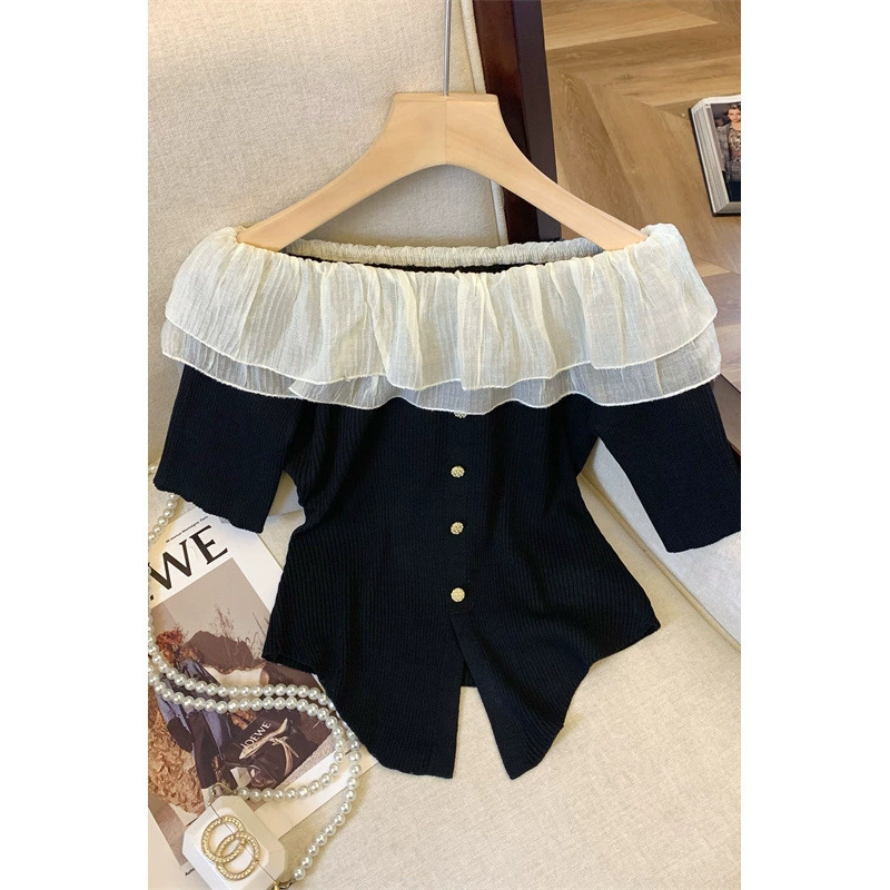 французская контрастная цветная футболка с короткими рукавами и рюшами на одно плечо для женщин летом, нишевый, уникальный, шикарный и красивый топ