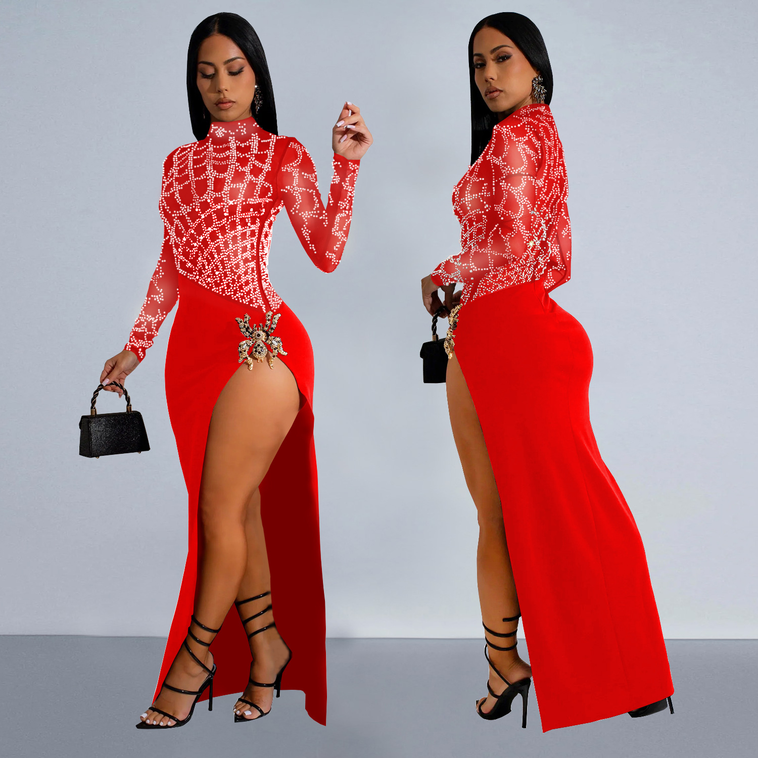 C7119 Aliexpress transfronterizo amazon de moda europea y americana ropa de mujer con diamantes calientes sexy hueco de manga larga vestido bifurcado image 5