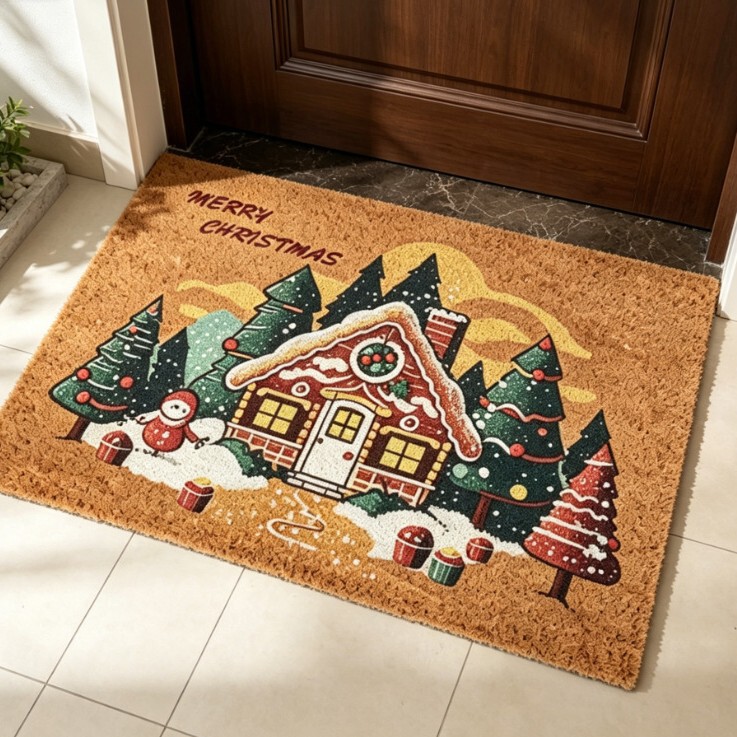 Cross-Border Best-Selling Christmas Decorative Floor Mats, Door Mats, Stain-Resistant, Non-Slip, Easy to Maintain, Thickened Imitation Coconut Palm Silk Loop Foot Mats