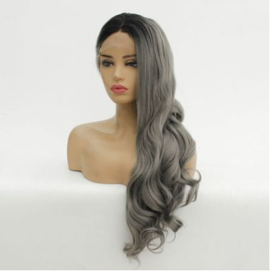 Europa y América Gradiente gris oscuro ondulado pelucas de fibra química delantera encaje cubierta de cabeza media peluca tejida a mano LW0059