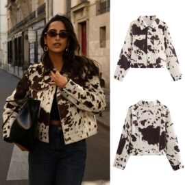 速卖通跨境外贸欧美女装ZA秋冬新款街头时尚休闲撞色印花呢质外套