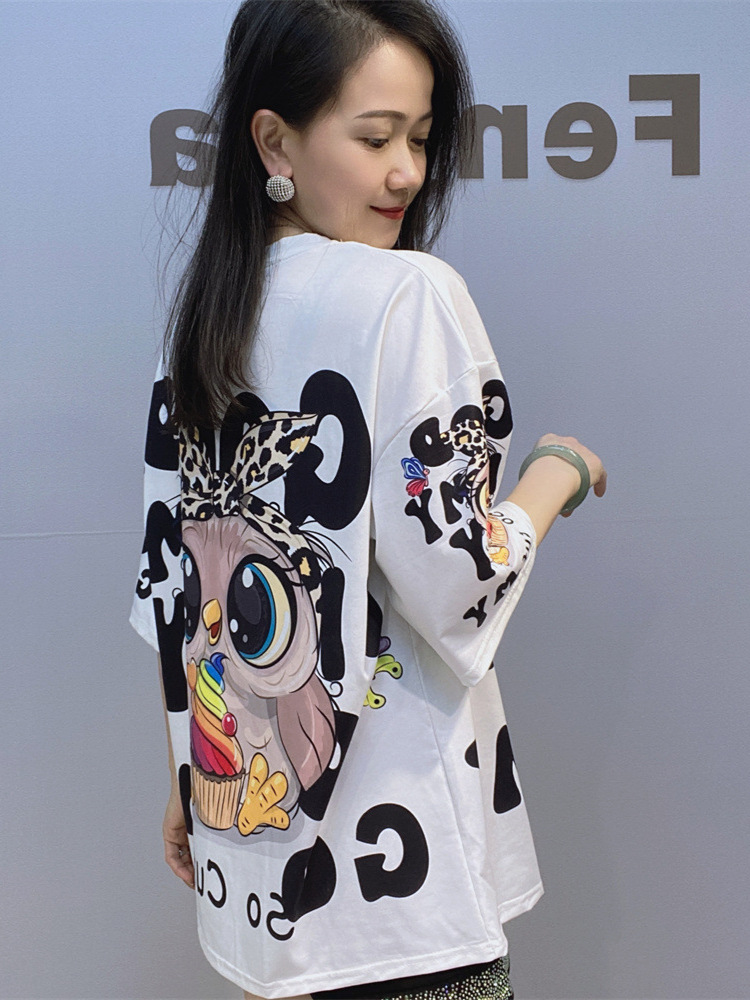 Comercio exterior moda transfronteriza nueva camiseta de manga corta con cuello redondo para mujer verano 2025 nueva camiseta suelta de media manga de diamantes brillantes de la industria pesada