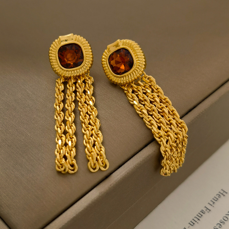 1 Pair Simple Style Round Copper Tassel Inlay Rhinestones Earrings display picture 2