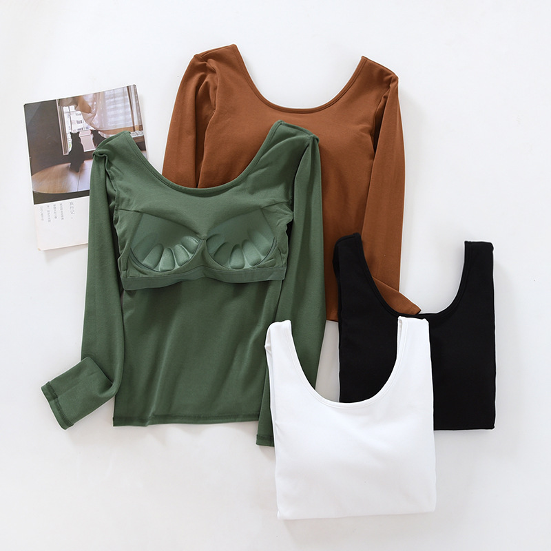 Built-in padding long sleeve cup one-piece T-shirt cotton women's top U-back round neck spring autumn base layer outer wear undershirt