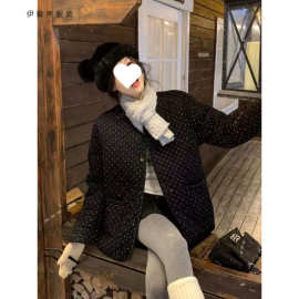 韩系设计感黑色菱格波点棉服外套女款冬季加厚保暖宽松中长款棉衣