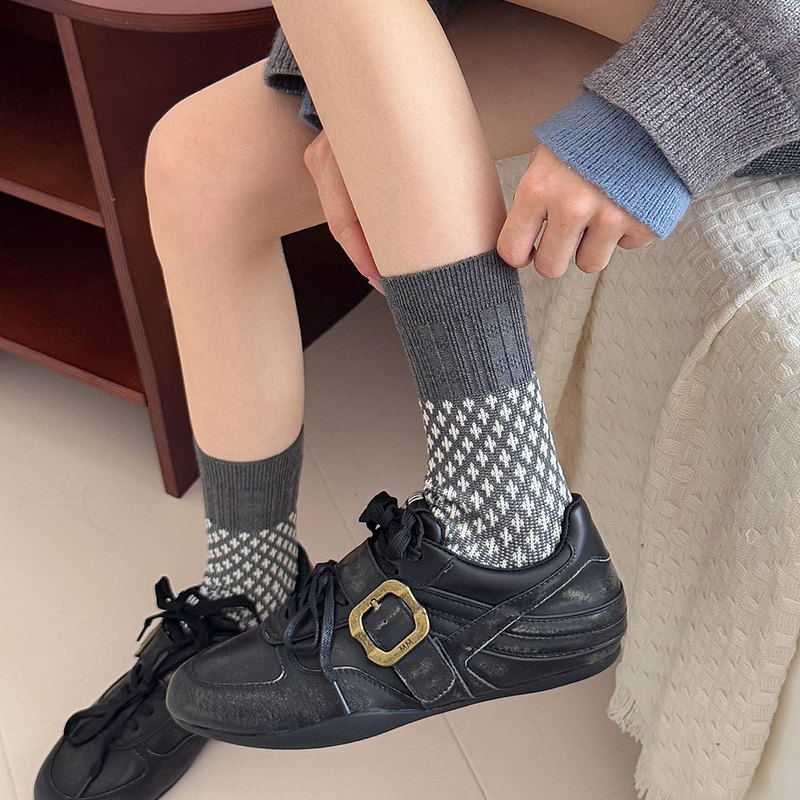 灰色袜子女中筒袜秋冬季miu竖条格纹双针棉长袜可爱蝴蝶结堆堆袜|undefined