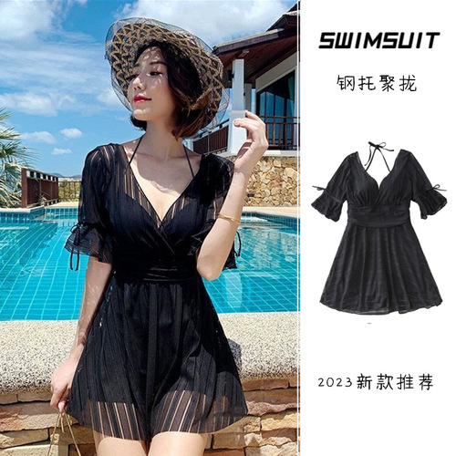  new style swimsuit for women, Korean version, one-piece steel support, push-up skirt, belly-covering, slimming, beautiful back, conservative hot spring swimwear