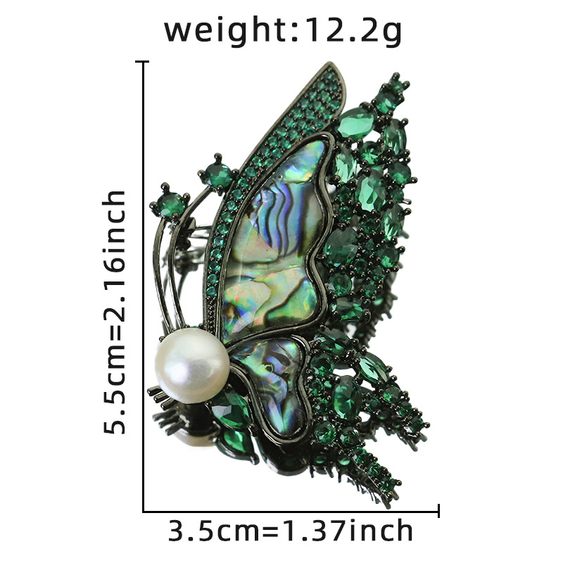 Perlas naturales abollo verde zircon mariposa broche decoración de alta calidad flor de pecho temperamento elegante brazalete versátil