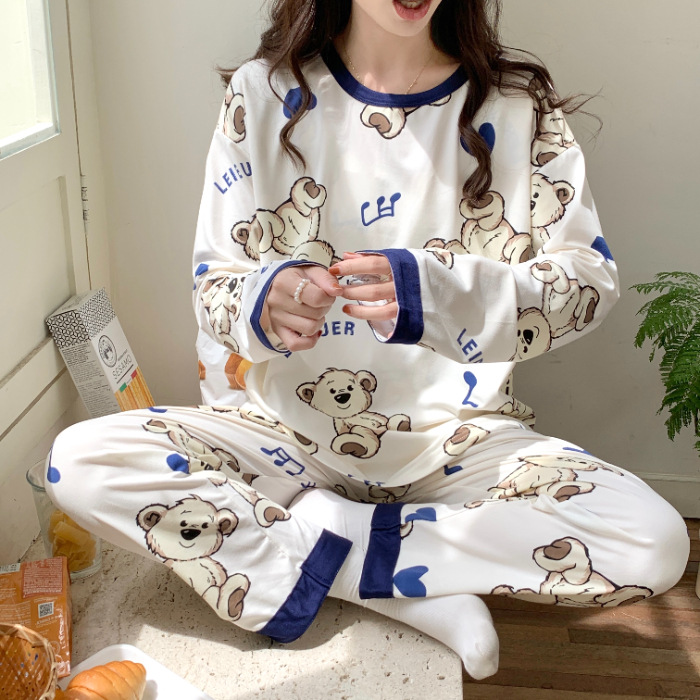 Estilo simple japonés pijamas chica de algodón-como cuello redondo de manga larga de otoño e invierno con almohadilla en el pecho dulce Winnie the Pooh traje de desgaste para el hogar