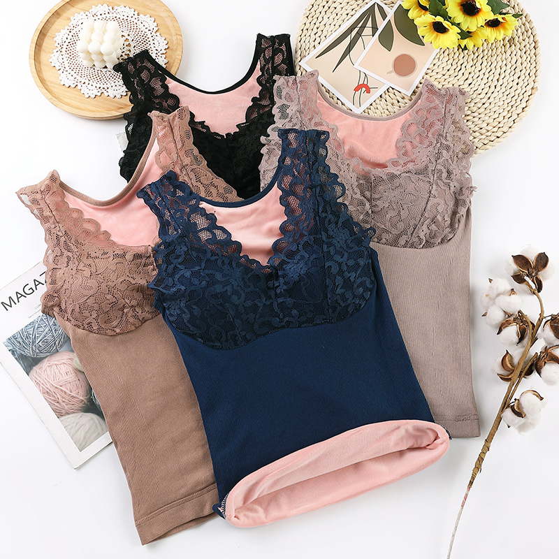 Women's thermal vest, autumn and winter, fleece-lined, thickened, removable breast pads, suitable for layering or wearing as outerwear, sleeveless lace underwear wholesale.