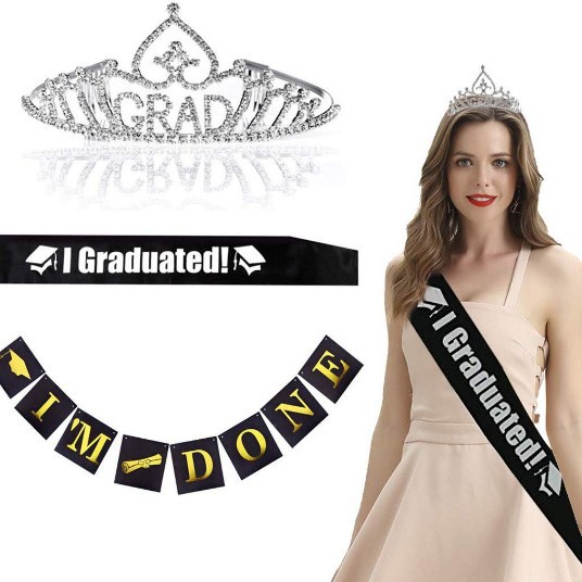 Temporada de graduación I Graduado etiqueta cinturón graduación fiesta decoración props GRAD corona conjunto de dos piezas