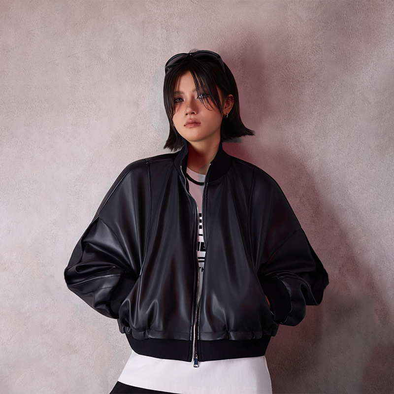 Togu American-Style Trendy Pu Leather Short Jacket for Women, New Spring and Autumn Boyfriend Style Stand Collar Biker Jacket