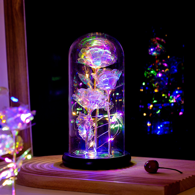 金箔玫瑰花永生花发光玻璃灯罩创意摆件圣诞节情人节生日礼物批发