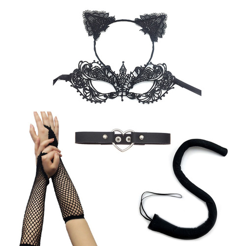 Halloween props sexy princess cat costume black lace mask cat ears headband prom eye mask set