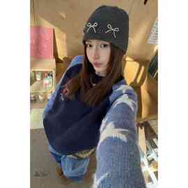 美式复古撞色星星宽松插肩袖套头毛衣女秋冬慵懒风长袖上衣潮