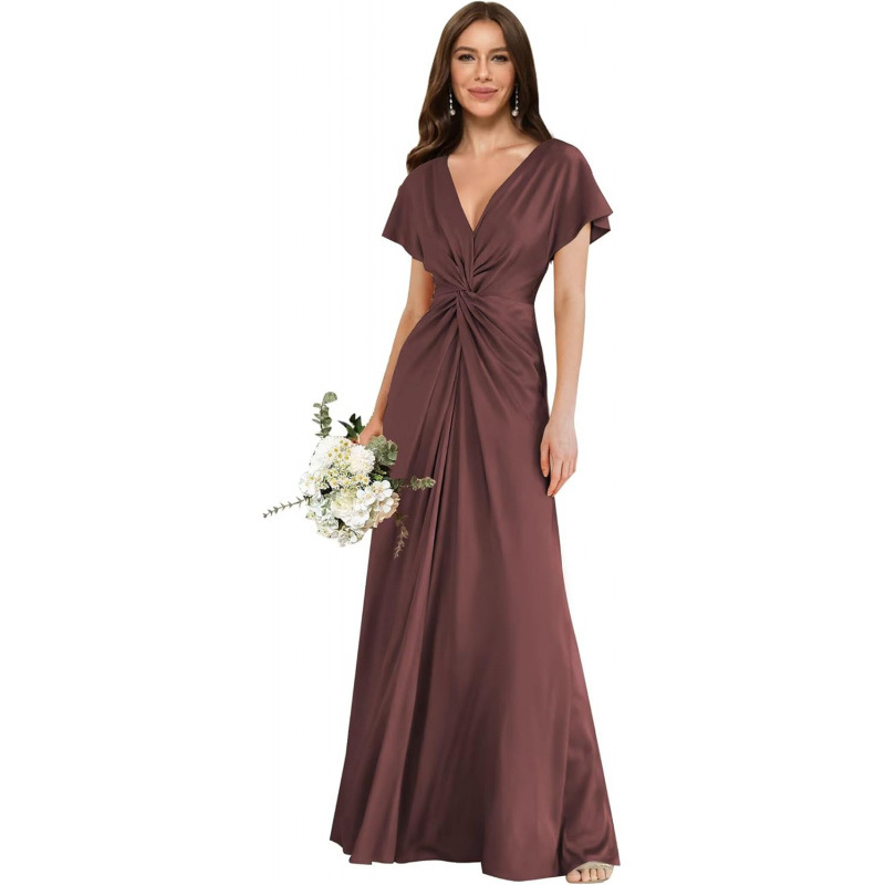 Europa y América transfronterizos 2026 verano nuevo satén de mangas cortas vestido de boda formal vestido de dama de honor