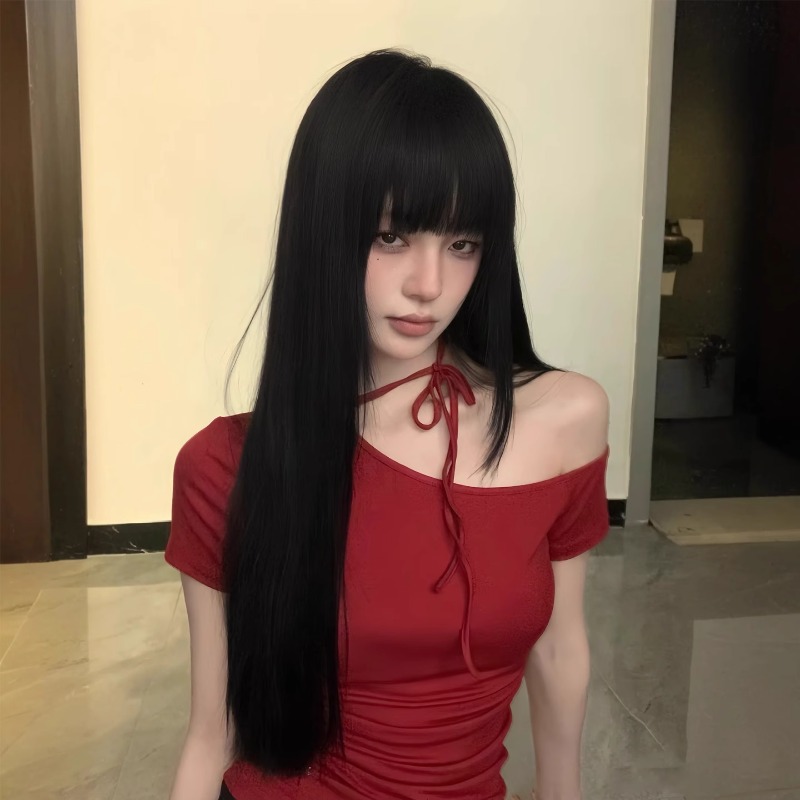 Perucă neagră lungă și dreaptă Connie pentru cap complet pentru femei, breton, voluminoasă și naturală, negru zilnic, stil bogat Jiang Manga