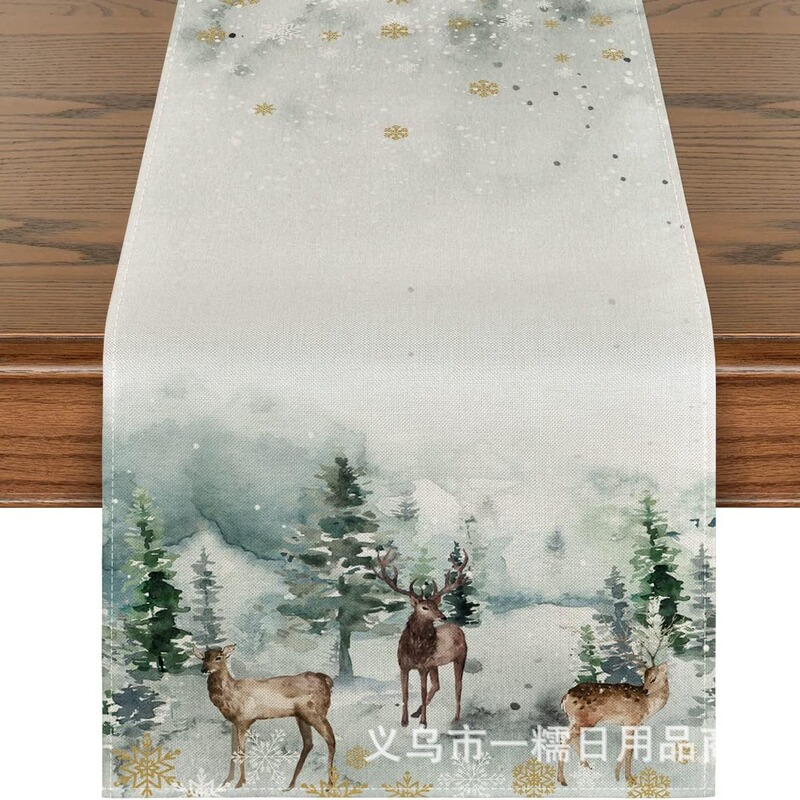 国境を越えて人気のクリスマステーブル旗サンタクロースヘラジカ雪だるま亜麻プリント客間茶卓装飾品|undefined
