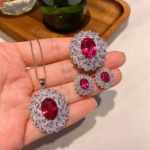 Vogue Jewels European and American Fashion Set of 3: Rose Cut simulated Blood Red Garnet Pendant Necklace, Ring 10*14mm, Earrings 6*8mm