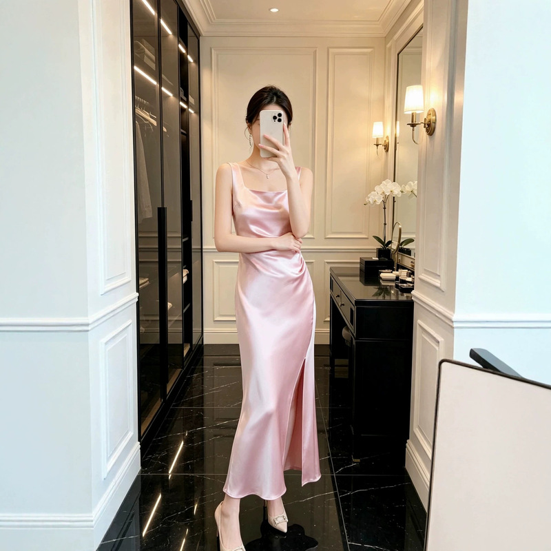 Triacetate Satin Suspender Dress, High-End Acetate Solid Color High-Waisted Pleated Slit Long Dress, Summer Light Luxury Long Dress Triacetate Satin Suspender Dress, High-End Acetate Solid Color High-Waisted Pleated Slit Long Dress, Summer Light Luxury Long Dress