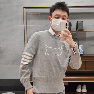 Tb Preppy Style Round Neck Pullover Knitwear for Men and Women, Same Style for Couples, Outline Puppy Four Stripes Pure Cotton Slim Knitwear