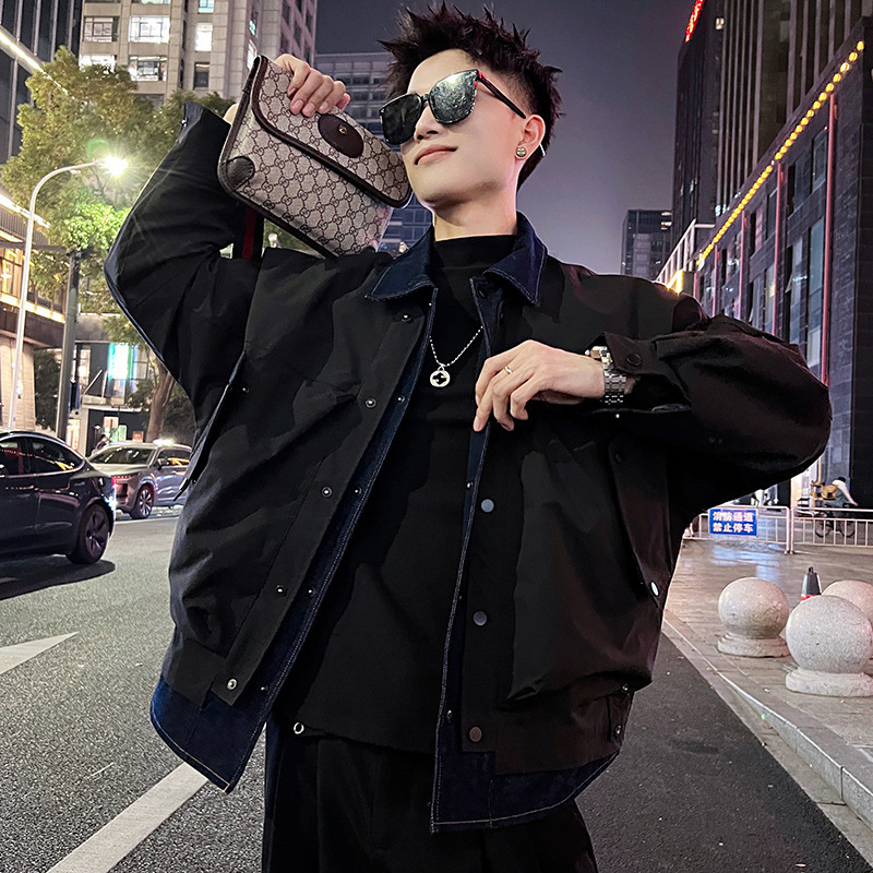 Fake two-piece Denim stitching cotton-padded jacket men's autumn and winter fashion brand 2024 new autumn and winter loose coat men's jacket