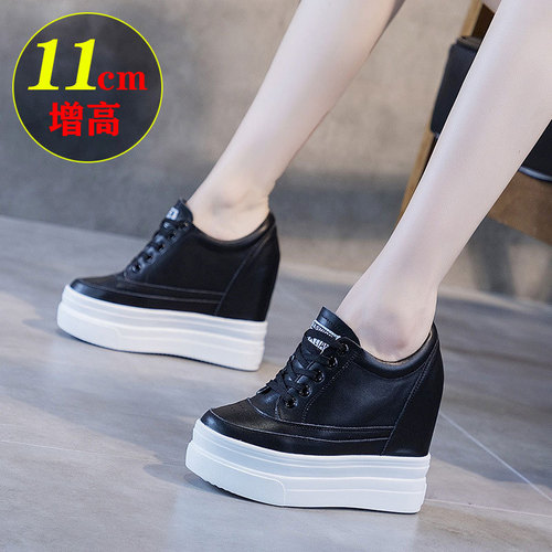 2024 spring and autumn shoes breathable inner height increasing women's shoes 11cm hollow small leather shoes thick sole casual shoes small black shoes for women