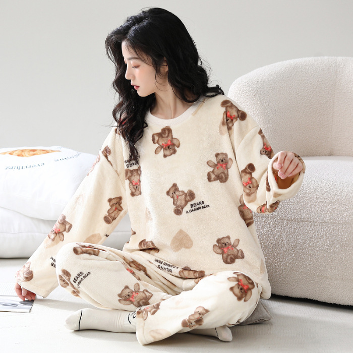 Otoño y invierno pijama de mujer punto pequeño conejo flanel engrosado dulce dibujos animados casuales manga larga cálida coral conjunto de terciopelo