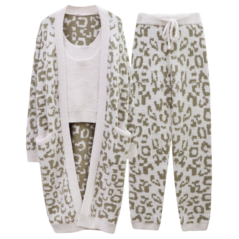 Three-piece Set Of Warm European And American Leopard Print Royal Sister Style Pajamas Women's Autumn And Winter Cardigan Wool Knitting Can Be Worn As Home Clothes