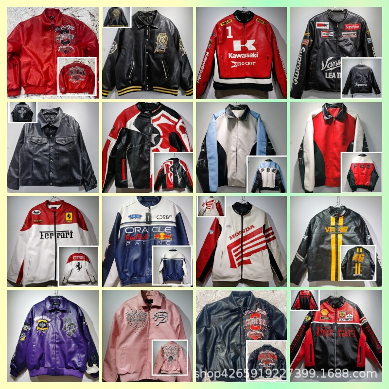 American Retro Ferrari Motorcycle Riding Leather Jacket for Men and Women, Embroidered Cotton Trendy Racing Jacket Top